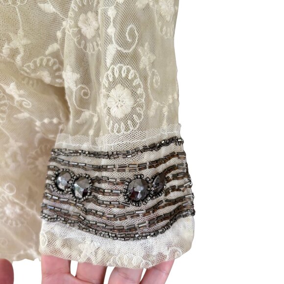 Black Swan Cream Lace Beaded Boho Blouse Women’s Small Romantic Top - Picture 11 of 14